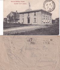 Top picture post card showing Exchange Buildings, Nairobi (B.E.A.): From Nairobi via MOMBASA to TRANSVAAL '001086'. This numbering device is believed to have been used by a censor. Bottom cover: 