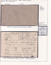 TELEGRAM DAR-ES-SALAAM to AMANI (Civil telegram sent from F.P.O.337 - Dar-Es-Salaam)