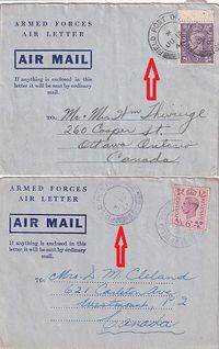 1944 Canada ref. Military mail from Canadian contigent in Overseas to Canada with black & violet Field Post Office canc resp. Match Pair - Together €15,.