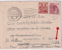 1947 Brief aus Berlin, addressiert an Bank in London und von dort weitergeleitet nach Bombay, Indien, mit Transit- und Ankunfstempel auf der Rückseite.