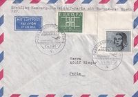 1965, Erstflug Hamburg-DUS-Paris mit Europa-Jet Boeing frankiert mit Sophie Scholl-Einzelmarke aus dem Block Ankunftstempel auf Rückseite €12,50