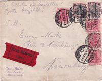 1920-05-16 - DR Umschlag frankiert mit Germania Marken als Eilboten Brief an eine Elektrofirma in N&uuml;rnberg &euro;22,50