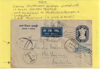 1954-11-01 India Two Annas Centenary PS uprated with 12a GOLDEN TEMPLE to AUSTRALIA - Underpaid