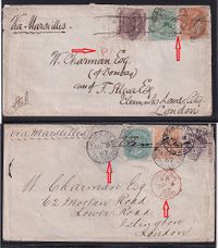 1866-06-24 India Pair of covers - franked at 6a8p rate - Both with Bombay dup large &amp; small canc -also Lond&amp; addressed to Mr. Charman in London - Despite imperfections - Nice match pair