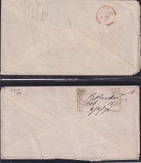 1872-02-06 India Pair of OLM covers from same correp. to London - 1x PRE UPU REG. MAIL- Both canc Rf Type 9- Reverse