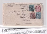 1881-01-14 TRIPLE RATE to Scotland - Nice 4 colour franking affixed as BLOCK of 4 with full contents
