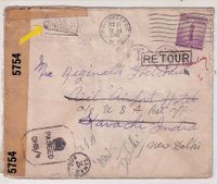1942 Underpaid Censored - Mail from USA to Karachi and redirected several times with various dues like KARACHI AIRPORT DUE TWO ANNAS, various DLO's and instructional h s -