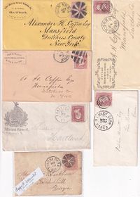 ~1864 6 covers bearing 3c one (used double) various town cancellations like wedge and ring targeted etc_ fresh and fine - together €150
