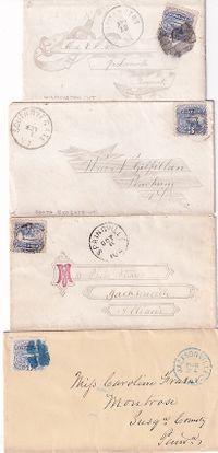 ~1867 4 covers with various town cancellations 3 printed Nice quadruple together €125