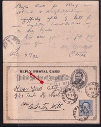 1892 USA to Finland Double Card Reply Card used from FINLAND