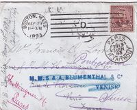 1893 USA to Venice - Re-directed mail to France - Transit and Arrival cancellations on reverse