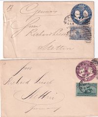 1893, Mail to Stettin (present day Poland) Pair of PS uprated with 3c and 4c respectively to same address in Stettin, Germany, both with arrival canc. on reverse. Together €35.-