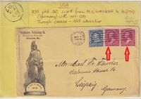 1895 Printed envelope used from MILWAUKEE to Leipzig (Germany) with arr. cds. Though crease, still attractive.