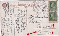1910 PPC from San Francisco bearing 1c vertical pair with plate number to Bangkok with Arrival bi-lingual cds (NB: With PL-No. to this destination is uncommon.) €55.-