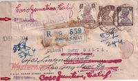 1944-04-24 Reg - Censored - Forwarded mail to USA with several transit canc etc €45-
